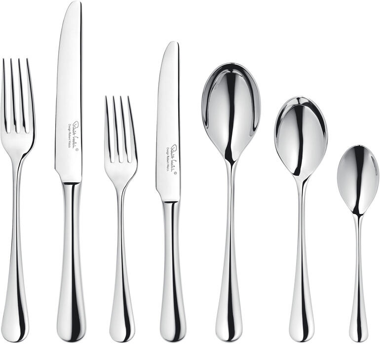 La ménagère de 42 pièces contient : 6 fourchettes et couteaux de base, 6 fourchettes et couteaux à entrée et dessert, 6 cuillères à soupe, à dessert et à café. Ensemble de couverts design Radford sur fond blanc.