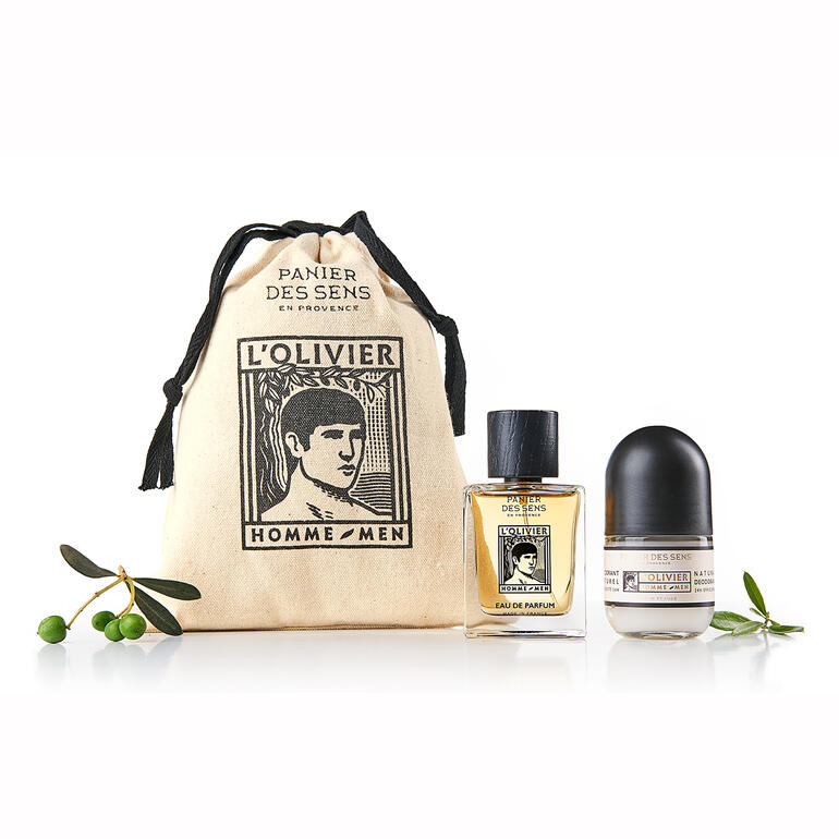 L’Olivier set cadeau dans un sac élégant avec des produits de soin.