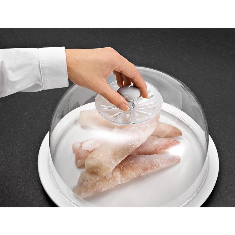 Si besoin, vous pouvez ouvrir les 9 fentes d’aération situées tout autour de la poignée. Main soulevant la cloche à gâteau au-dessus du poisson congelé
