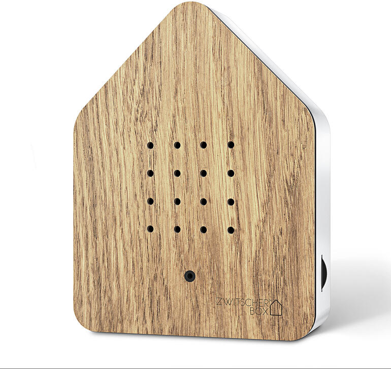 Chêne Zwitscherbox en bois de chêne, forme carrée avec un design minimaliste.