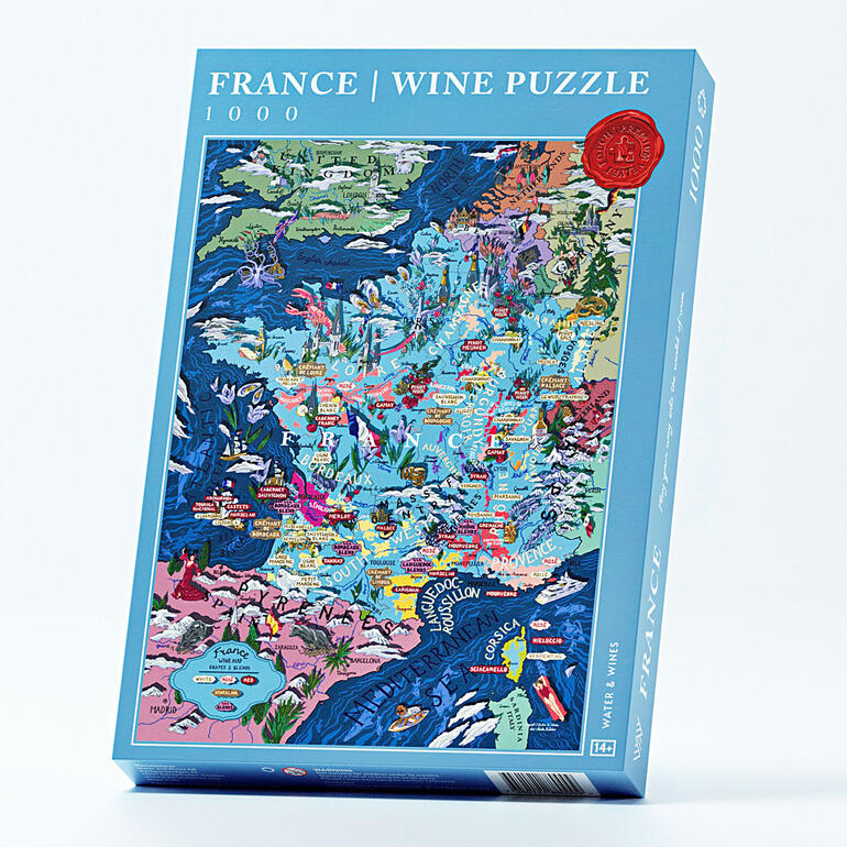 France Emballage du puzzle de vin France avec une œuvre colorée.