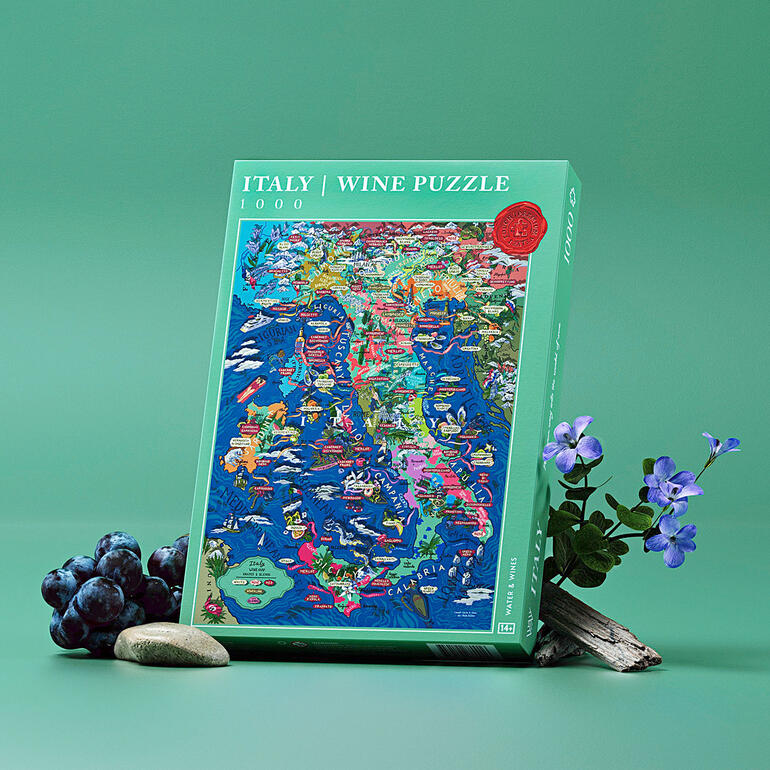 Emballage du puzzle de vin avec une carte de l'Italie et des raisins sur un fond vert.