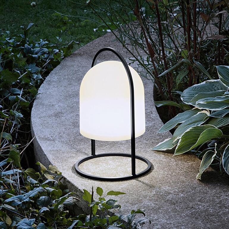 Lanterne solaire sur un chemin entre des plantes