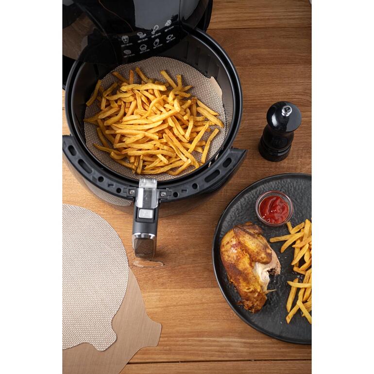 Tapis de cuisson pour friteuse à air chaud NoStik®, lot de 2 pièces Inserts protecteurs NoStik® Airfryer avec frites et poulet