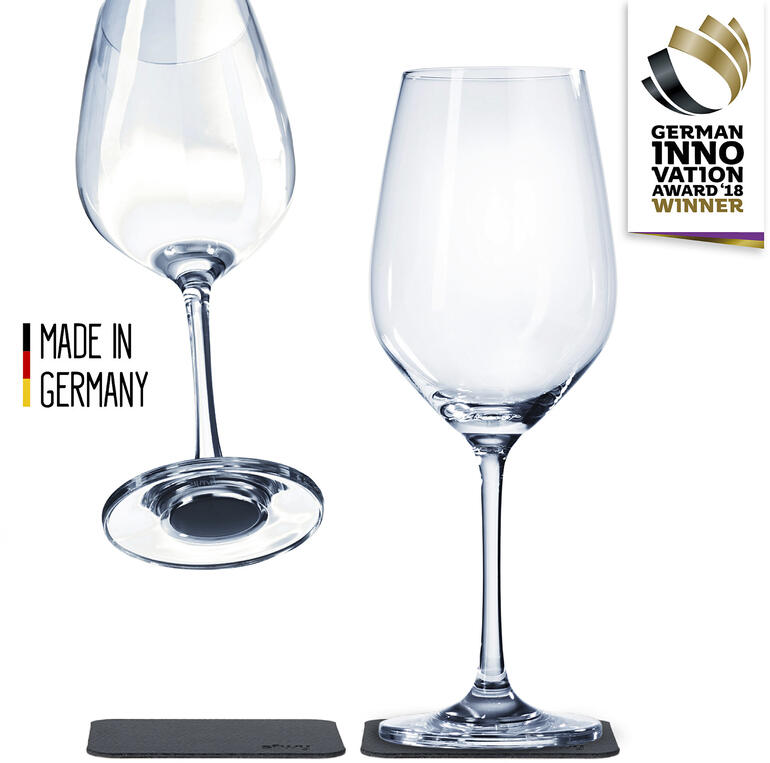 Verres à vin en cristal aimantés, lot de 2 pièces (dessous de verre en gel nano inclus) Verre à vin clair et sous-verre, primé et fabriqué en Allemagne