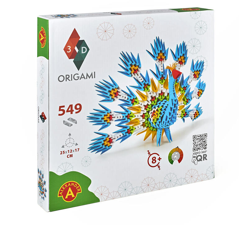 Set complet comprenant 549 pièces de puzzle et instructions. Emballage avec paon 3D Origami, contient 549 pièces.