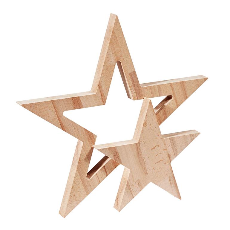 Duo d’étoiles Étoiles en bois de différentes tailles sur un fond blanc.