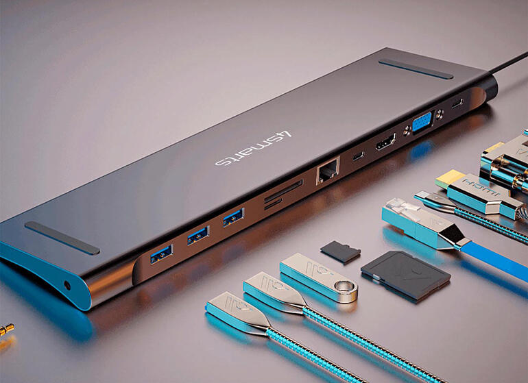 Hub multi-fonction 11-en-1 avec différentes options de connexion sur une table.