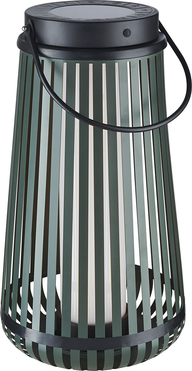Avec cadran solaire estampé et module solaire central sur le couvercle métallique supérieur. Lanternes solaires vertes avec un design minimaliste sur fond blanc.