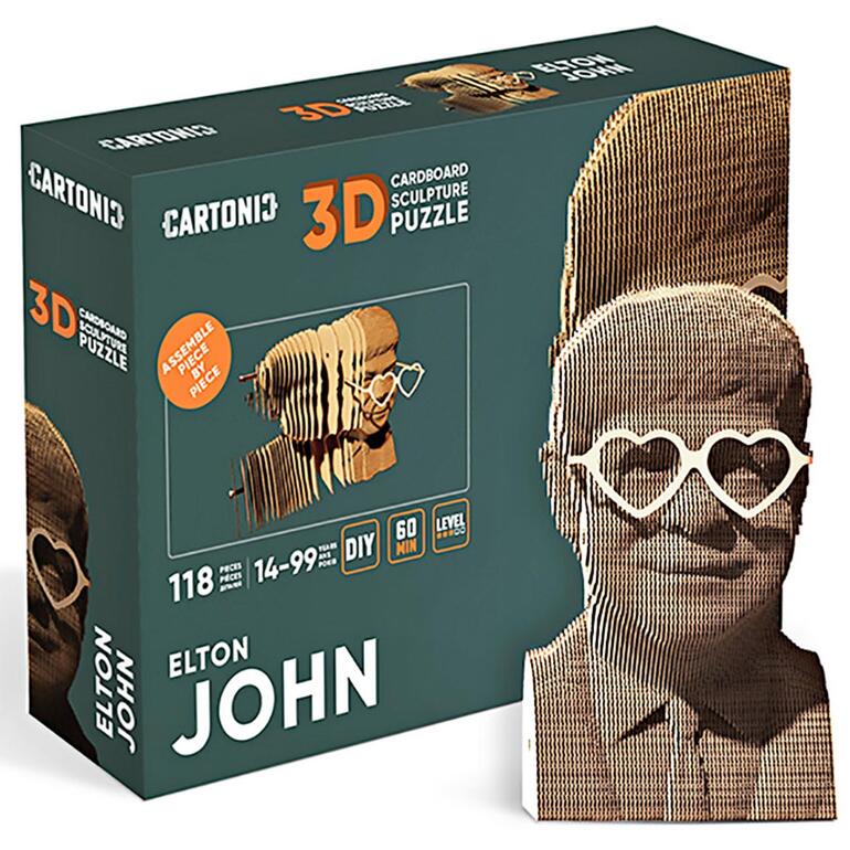 Emballage du puzzle 3D avec image du modèle en carton d'un homme portant des lunettes en forme de cœur.