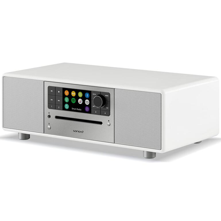 Blanc Sonoro PRESTIGE en blanc avec de grands boutons et un écran.