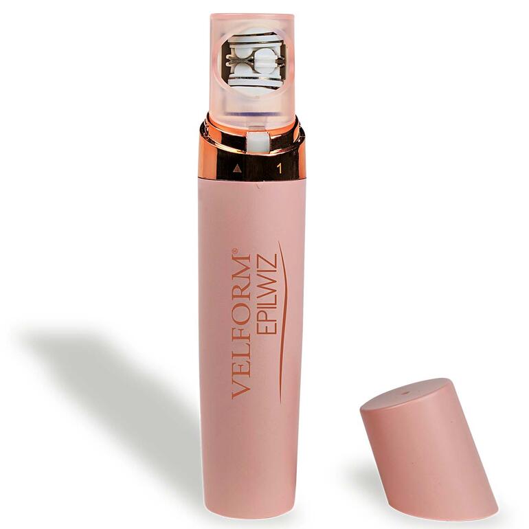 Design rouge à lèvres discret, idéal pour l’emporter partout. Épilateur compact en position fermée, montrant le design.