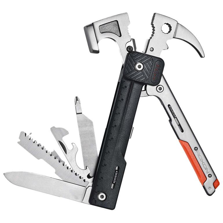 Les curseurs de sécurité pour le manche et les outils latéraux empêchent une ouverture ou un repli involontaires. Multi-outil 17-en-1 avec marteau et outils variés, ouvert