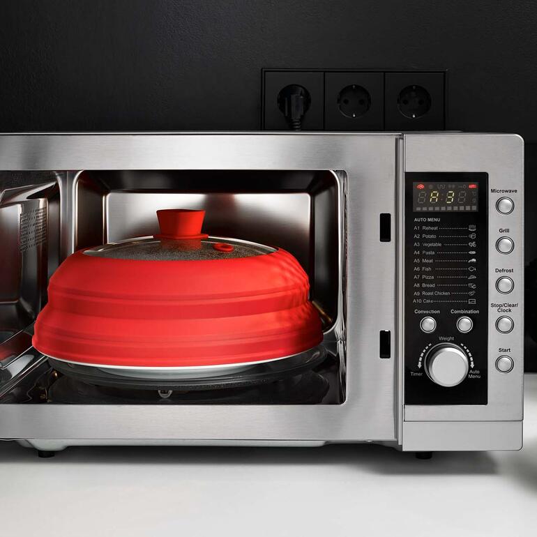 Parfait également en tant que protection anti-projection dans le micro-onde. Couvercle universel rouge dans le micro-ondes avec minuteur