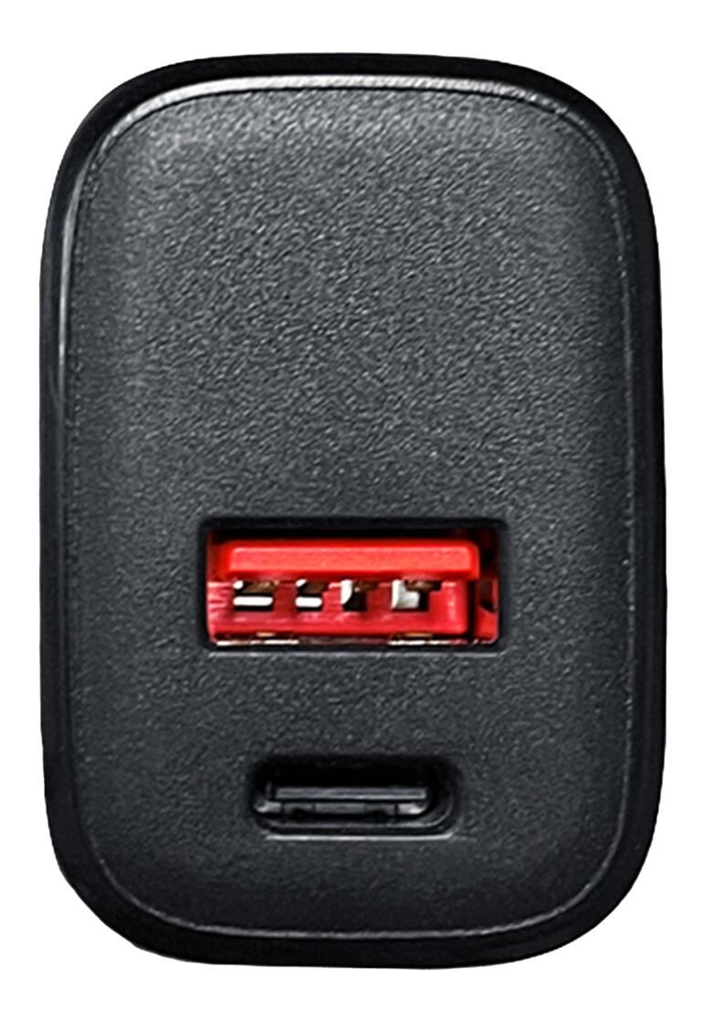 Chargeur USB avec un port USB-C et un port USB-A.