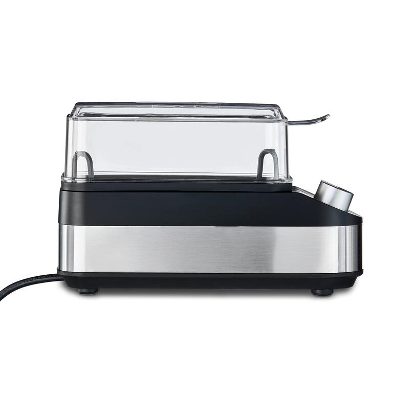 Design élégant, en acier inox mat. Entretien aisé, esthétique durable. Vue latérale d'un cuiseur à œufs compact en noir et acier inoxydable.