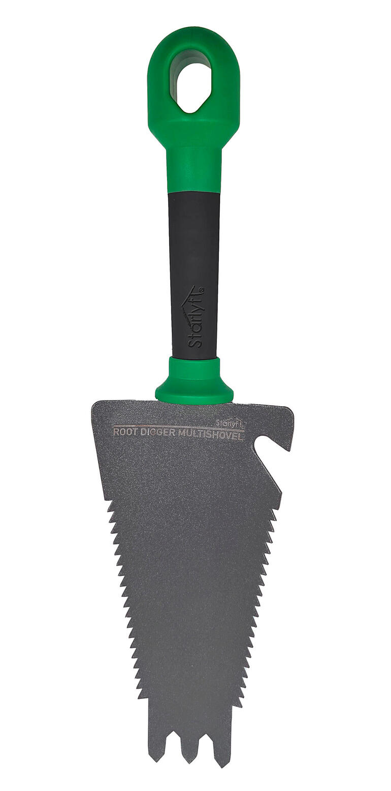Bêche à main à dents de scie Pelle dentelée avec poignée verte sur fond blanc.