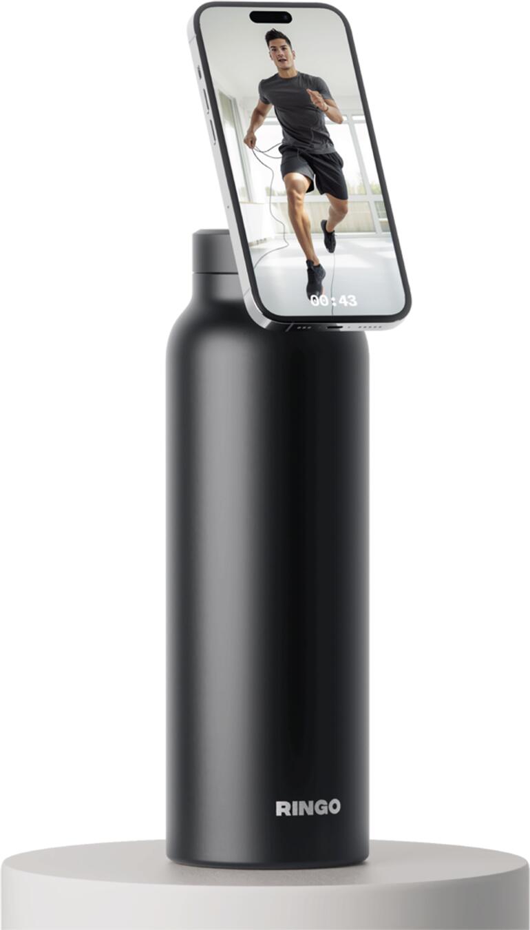 Noir Bouteille 2-en-1 en noir avec support pour smartphone, sur un socle blanc.