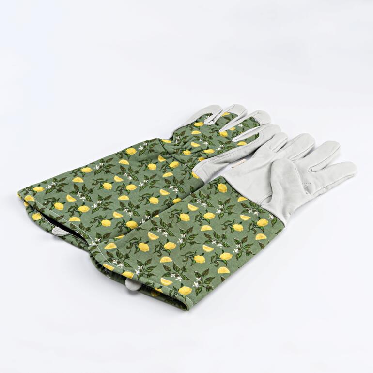 Gants de jardin femme avec motif citron sur fond blanc