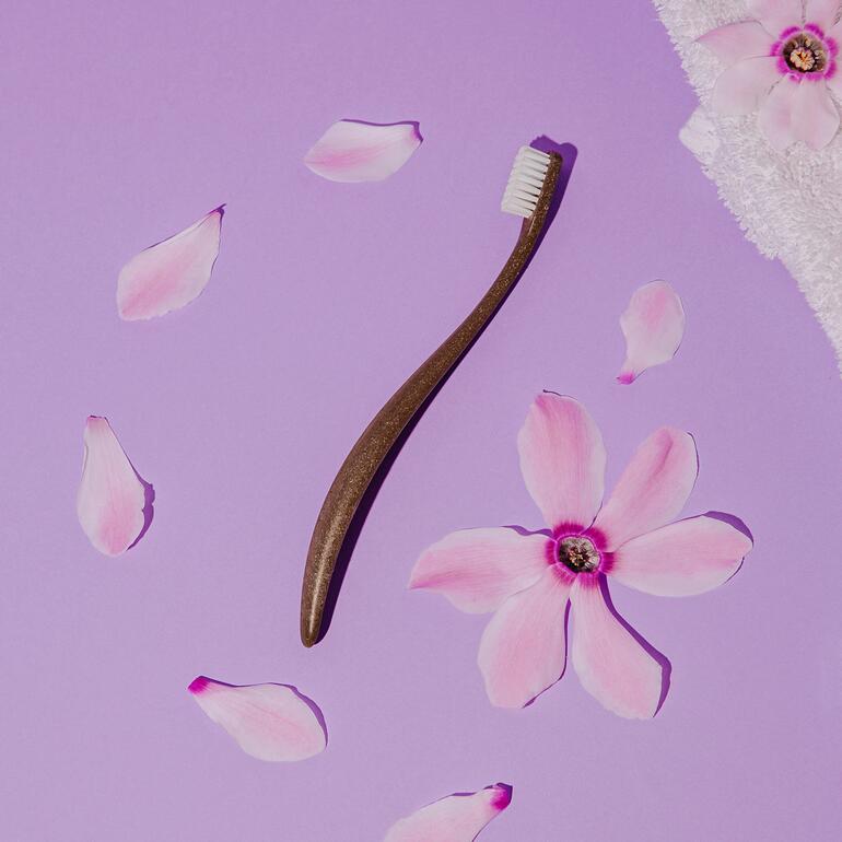 Brosse à dents en bois sur fond violet avec des pétales.