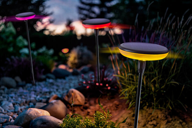 Luminaires solaires à changement de couleur illuminant un jardin.