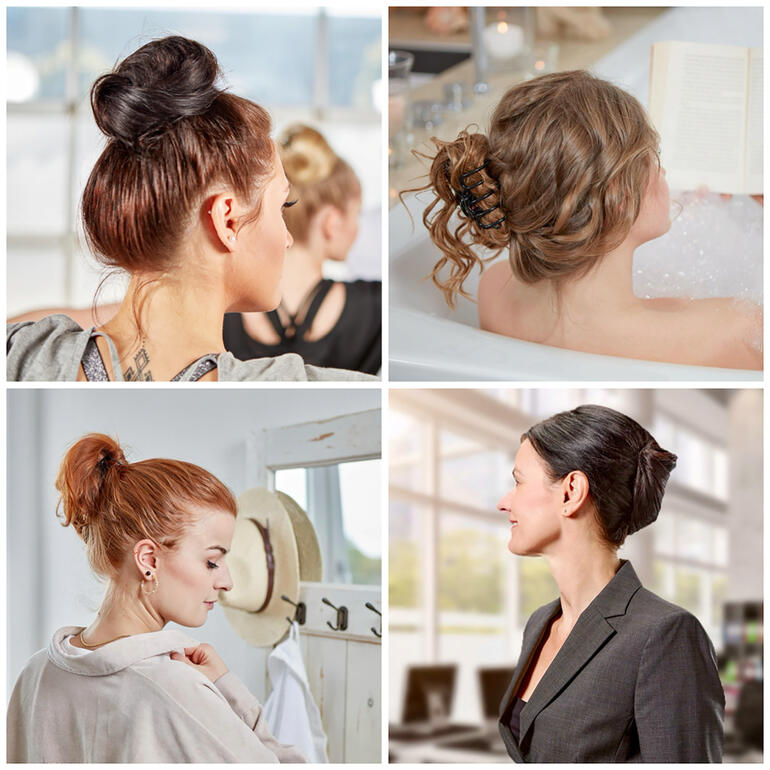 Femmes avec différents chignons utilisant des pinces à cheveux.