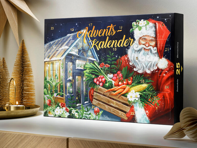 Calendrier de l'Avent des semences illustré avec un Père Noël et des légumes.