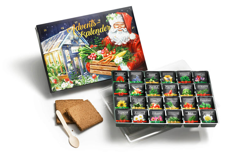 Profitez des 24 sachets de graines pour diverses salades, herbes, légumes ou fleurs – et de la mini-serre en surprise supplémentaire (avec terre de culture et couvercle pour les semis inclus). Calendrier de l'Avent des semences ouvert avec différents sachets de graines et du pain d'épice.