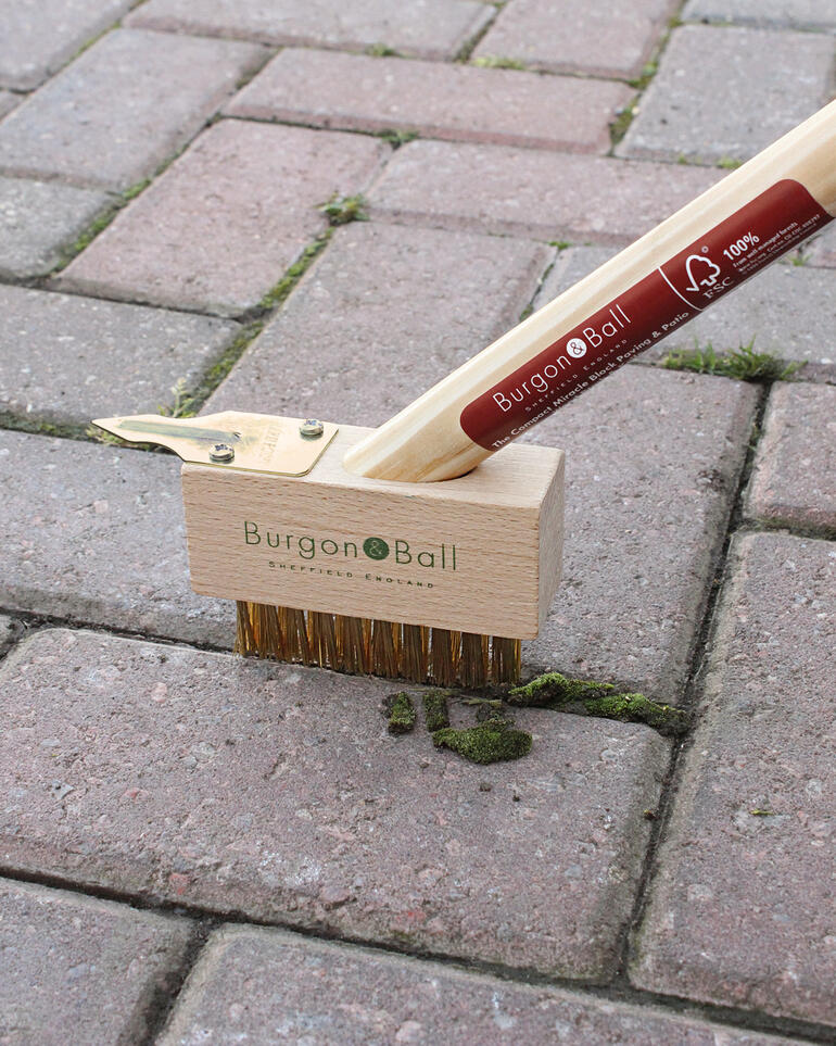 Brosse de joint contre les mauvaises herbes en action, enlevant les mauvaises herbes entre les pavés.