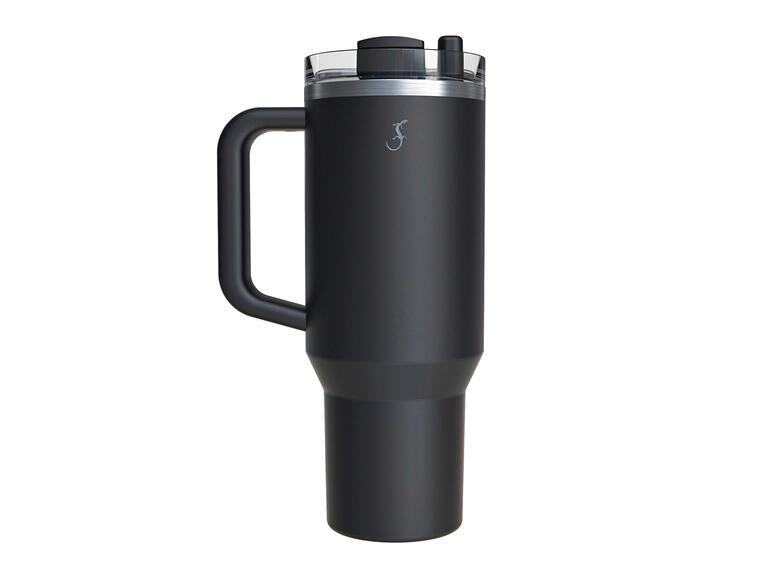Également disponible en noir. Gobelet thermique XL noir, debout sur fond blanc