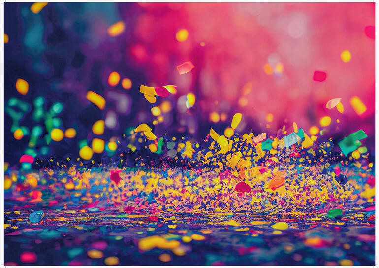Explosion de confettis colorés sur un fond festif.