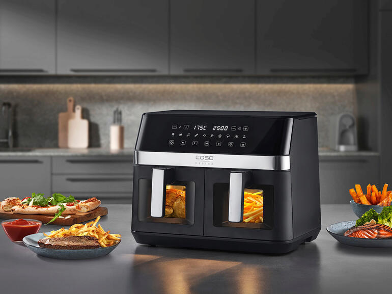 Friteuse à air chaud XXL Duo avec deux paniers à friture dans une cuisine moderne