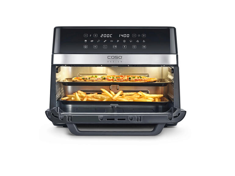 Retirez simplement la cloison de séparation, insérez la porte de l’appareil fournie et vous disposerez d’un espace de cuisson de 14 litres sur 2 niveaux. Friteuse à air XXL Duo avec deux niveaux et affichage numérique