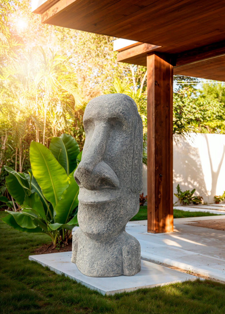 Statue Moai Statue Moai dans le jardin devant un bâtiment moderne