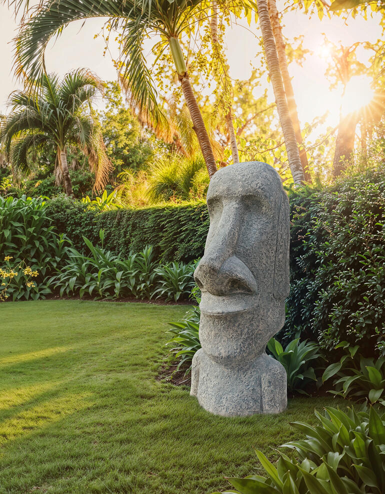 Statue Moai dans un jardin avec des palmiers et de la lumière du soleil