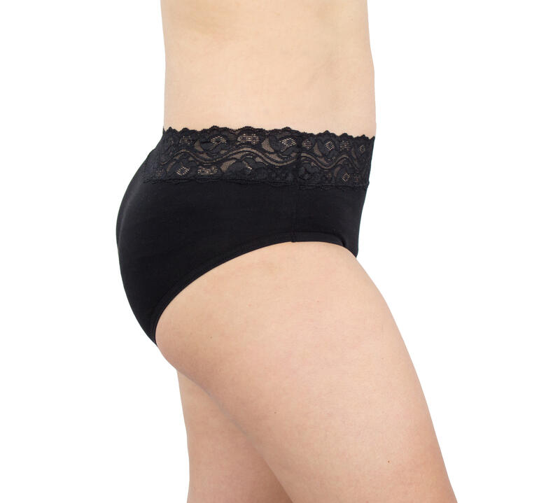 Culotte en dentelle Safety Culotte en dentelle noire vue de côté avec une taille élastique.