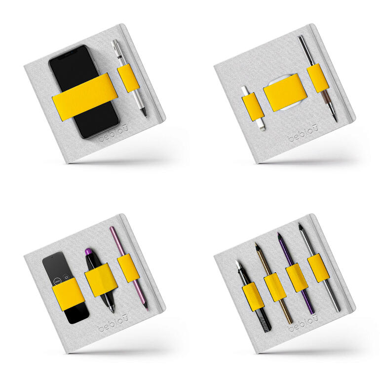 Le support élastique maintient stylos, smartphone, lunettes de lecture et bien plus encore bien en place, sans glisser. Quatre vues différentes d'un Flex-Book avec des bandelettes jaunes.