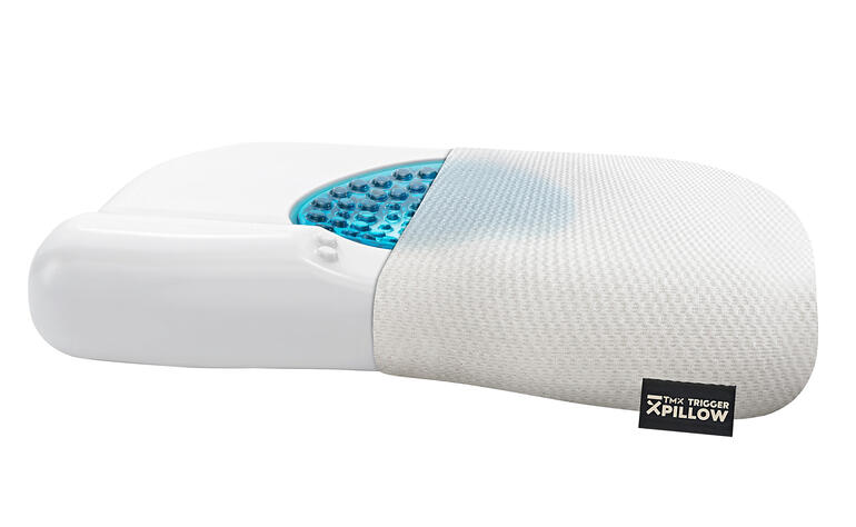 Technogel® rafraîchissant pour un sommeil confortable. Coussin déclencheur rafraîchissant avec surface de refroidissement bleue, vue latérale.