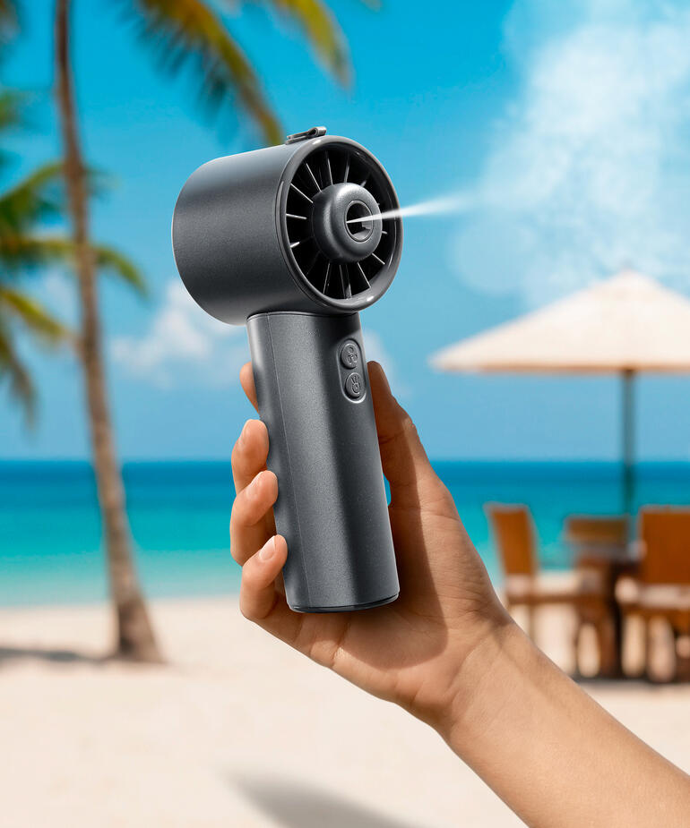 Mini ventilateur hydro Main tenant un Hydro-Mini-ventilateur sur la plage avec des palmiers en arrière-plan.