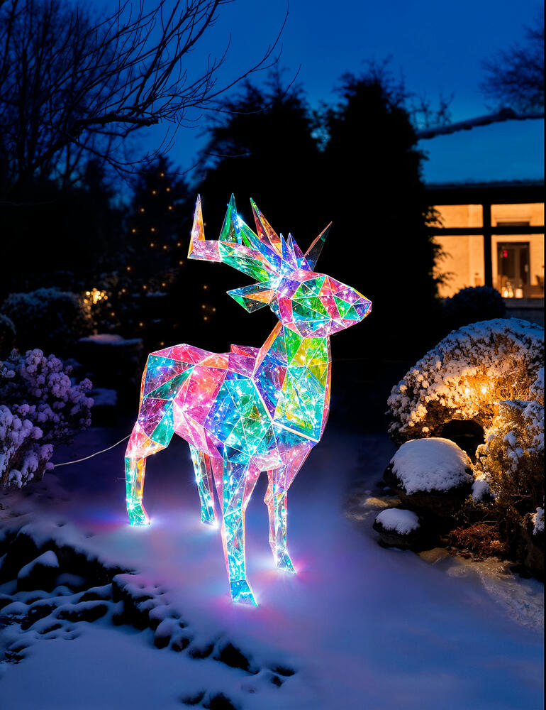 Cerf scintillant en matériaux réfléchissants dans le jardin enneigé.