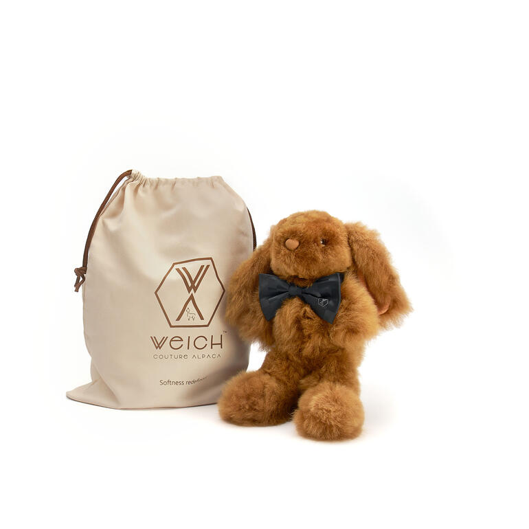 Disponible en couleur champagne ou brun doré, avec sac de rangement à cordon. Petit lapin en alpaga champagne à côté d'un sac en tissu.