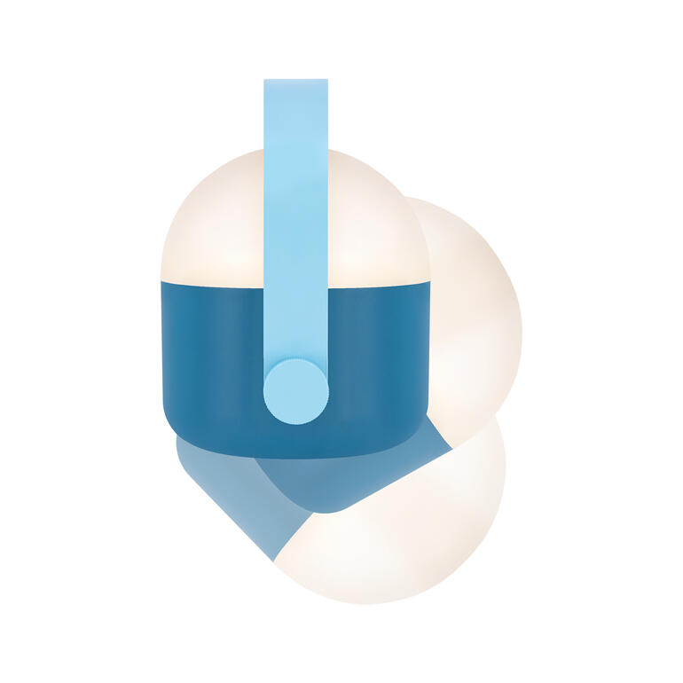 Lampe à batterie mobile bleue avec une poignée verte de face.