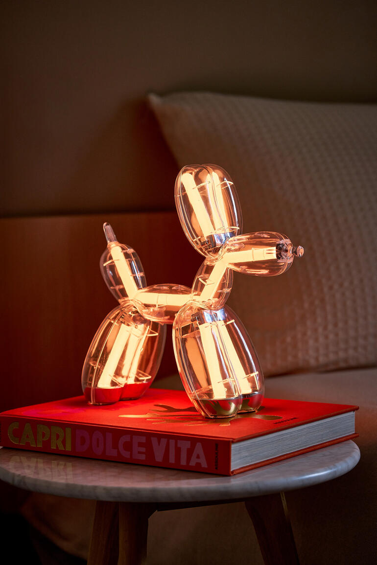 Lampe en forme de chien en ballon sur un livre, lumière blanche chaude.