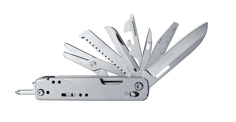 Outil multifonction compact 12-en-1 avec divers outils dépliés.
