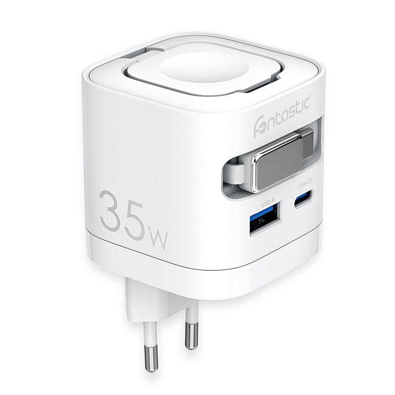 Évite l’enchevêtrement de câbles et gagne de la place dans votre sac (de voyage) : un seul outil multi-charge pour (presque) tous vos appareils mobiles. Chargeur rapide blanc de voyage avec ports USB.