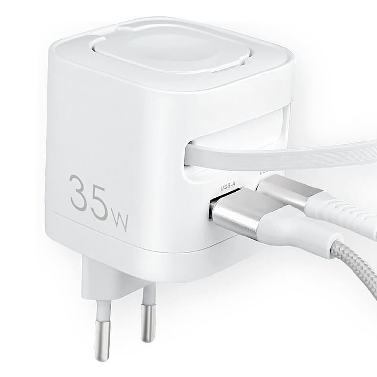 Vue latérale du chargeur rapide de voyage avec port USB.