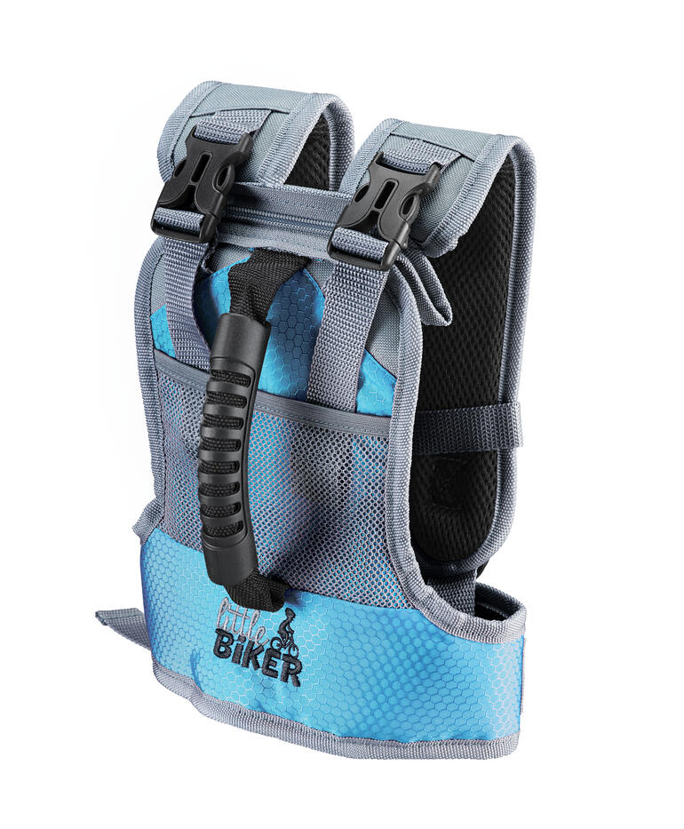 Gilet d'apprentissage de vélo bleu avec des sangles réglables.