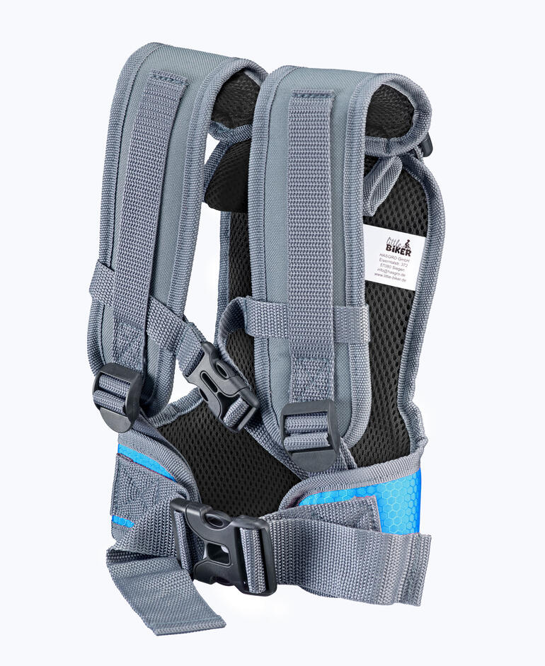 Adaptable individuellement à la taille de l’enfant. Gilet d'apprentissage de vélo en gris clair avec des sangles réglables.