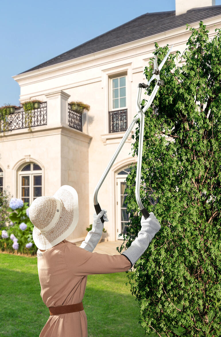 Femme taillant des plantes hautes dans le jardin avec des ciseaux de jardin multi-angle.