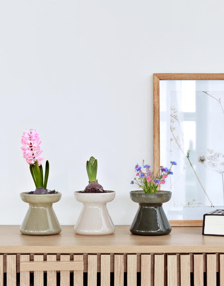 Trois pots décoratifs avec des fleurs dans un design moderne sur une étagère.